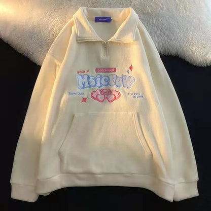 Love Heart Letter Embroidery Loose Long Sleeve Pullover