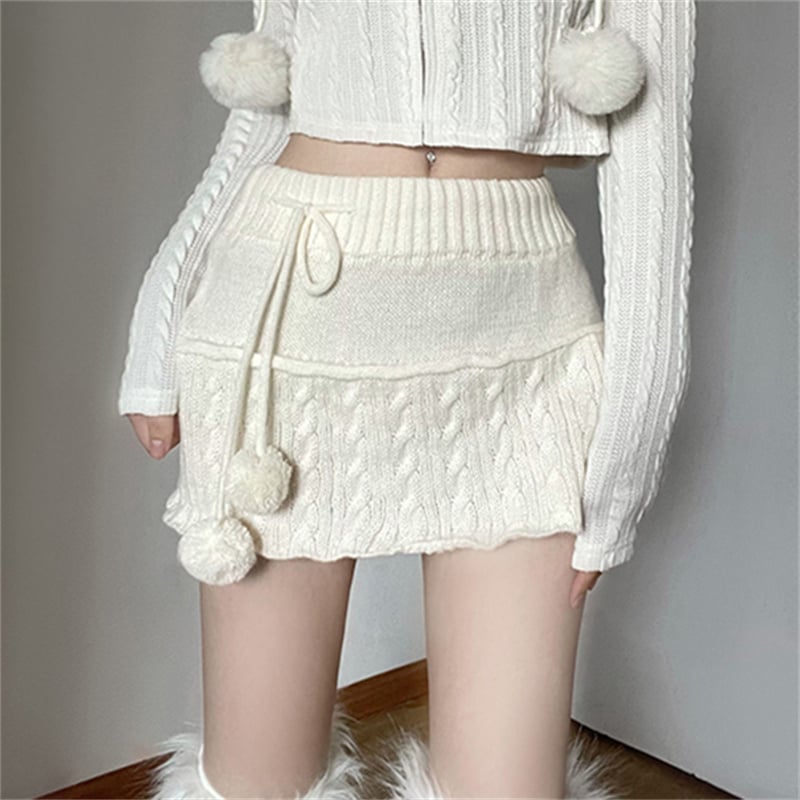 White Knit Twist Mini Skirt