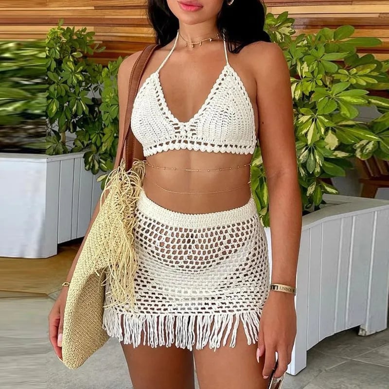2PCS Crochet Knit Tassel Crop Top + Mini Skirt