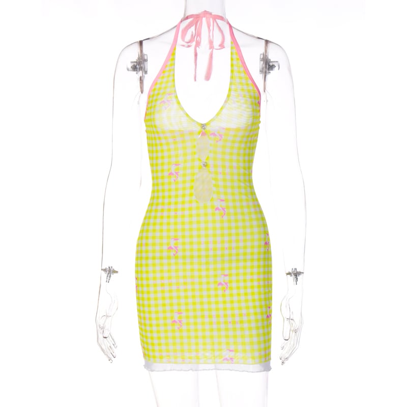 Yellow Plaid V Neck Halter Mini Dress