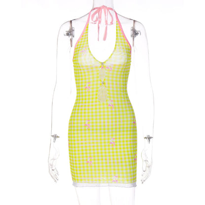 Yellow Plaid V Neck Halter Mini Dress