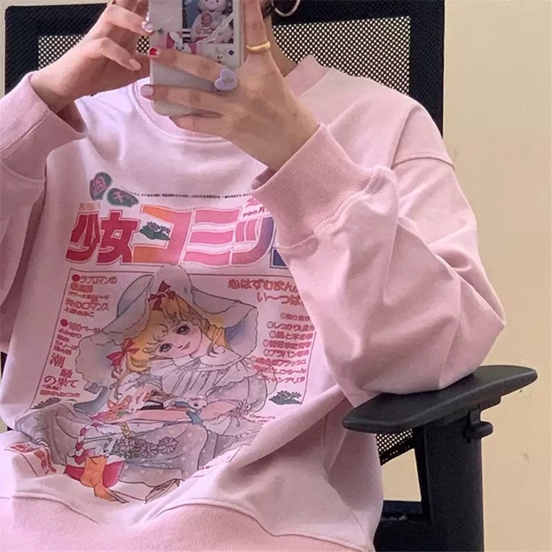 White Vintage Anime Girl Cartoon Print Graphic Long Sleeve Sweatshirt Sweater Pullover Jumper Causal E-Girl Kawaii Korean Japanese Harajuku Streetwear