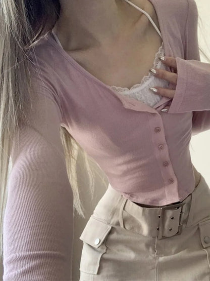 Pink Lace Patchwork Button Crop Top