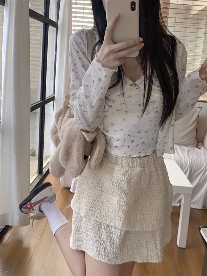 2PCS Floral Crop Top + Cardigan
