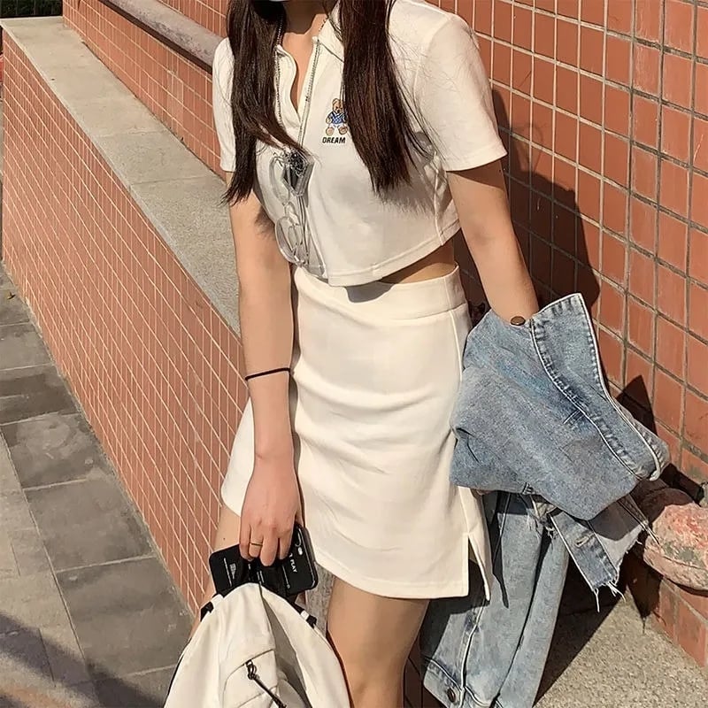 Teddy Bear Embroidery Polo Collar Short Sleeve Shirt