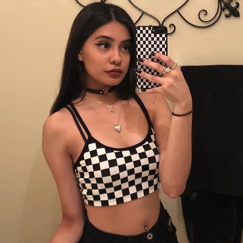 Cute Sexy Black White Checkered Plaid Tank Cami Crop Top Shirt Tee T-shirt E-Girl Kawaii Korean Japanese Harajuku Chinese Retro Streetwear Aesthetic