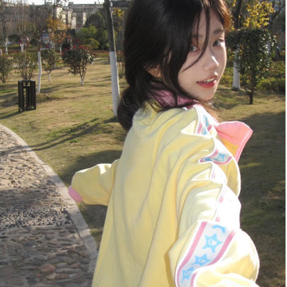 Yellow Y2K Star Embroidery Zip Up Jacket