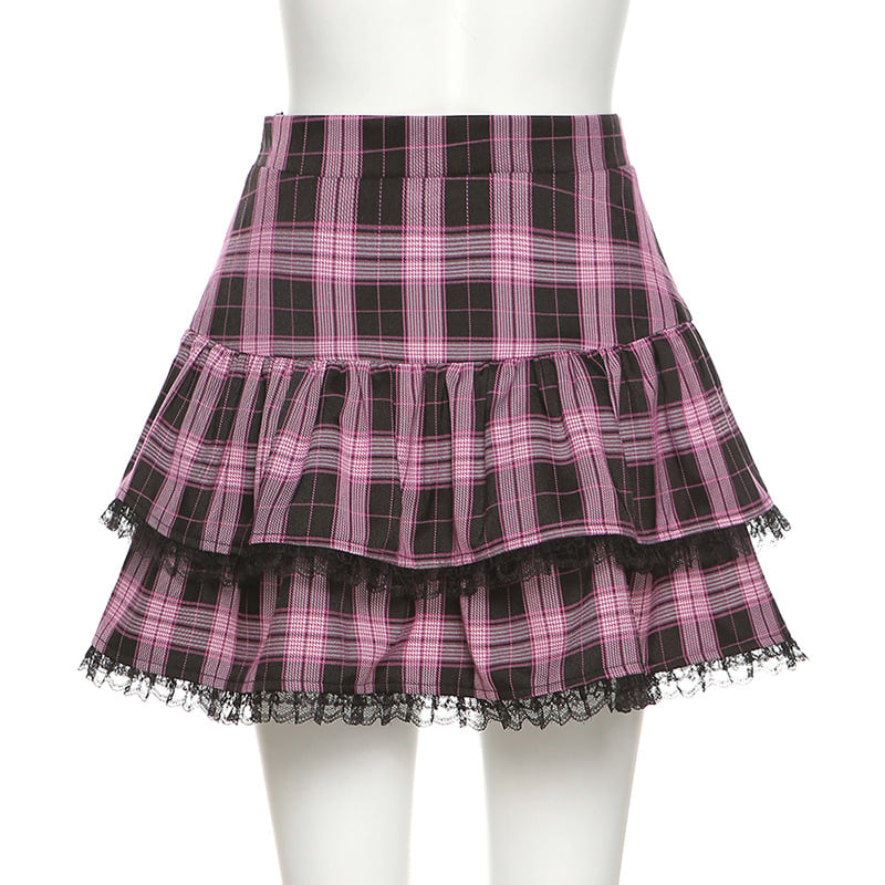 Pink Plaid Pleated Lace Mini Skirt