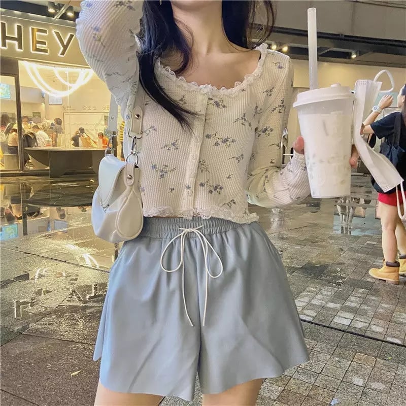 Sweet Floral Lace Chic Cardigan Patchwork Long Sleeve Shirt Crop Top Casual Summer E-Girl Kawaii Korean Japanese Harajuku