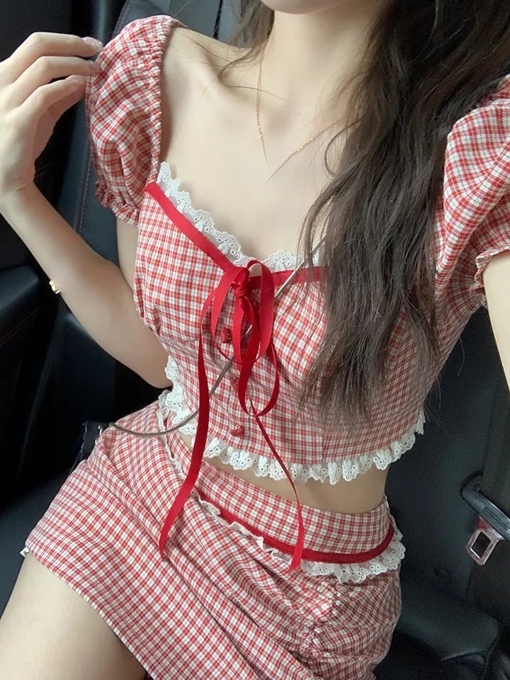 2PCS Red Plaid Crop Top + Mini Skirt