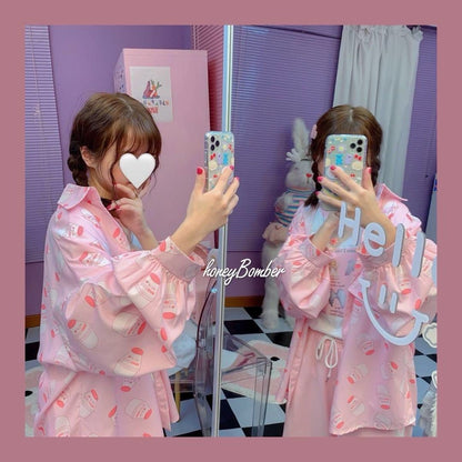 Cute Pastel Pink Strawberry Milk Yogurt Drink Blouse Long Sleeve Shirt Button Up Top Summer Casual E-Girl Kawaii Korean Japanese Harajuku Streetwear