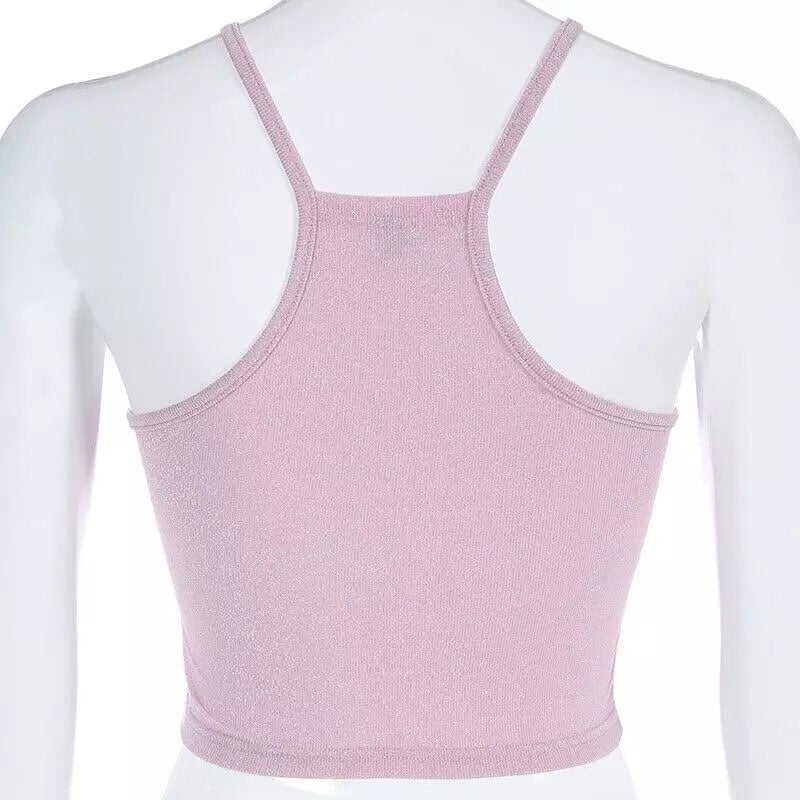 Heart Pink Sequin Halter Neck Crop Top Sleeveless Shirt Camisole Summer Aesthetic Casual E-Girl Kawaii Korean Japanese Harajuku