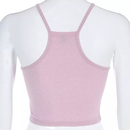Heart Pink Sequin Halter Neck Crop Top Sleeveless Shirt Camisole Summer Aesthetic Casual E-Girl Kawaii Korean Japanese Harajuku