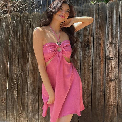 Pink Cut Out Halter Backless Dress