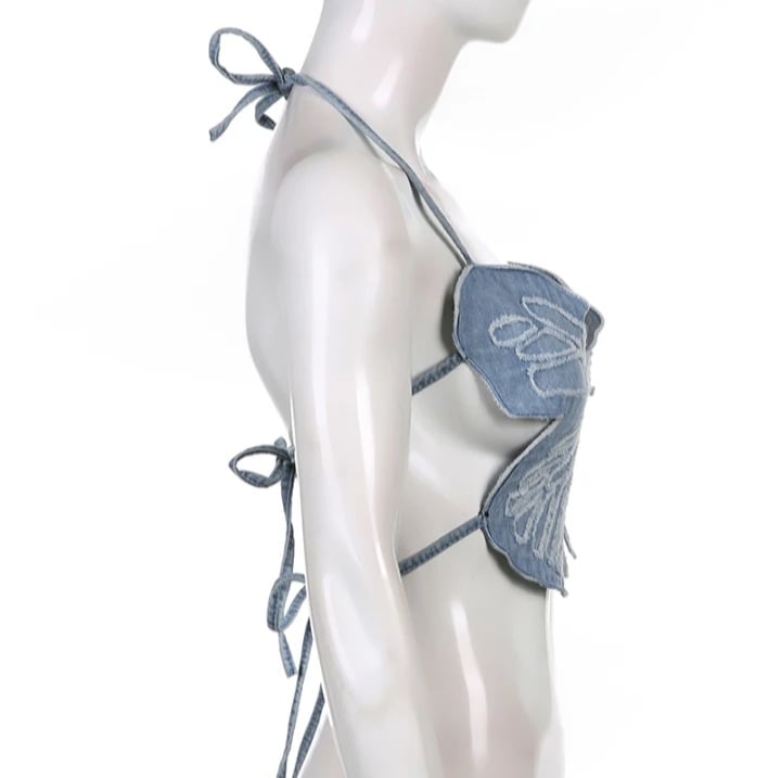 Cute Sexy Butterfly Denim Backless Crop Top Sleeveless Shirt Party Beach Summer Aesthetic Casual E-Girl Kawaii Korean Japanese Harajuku