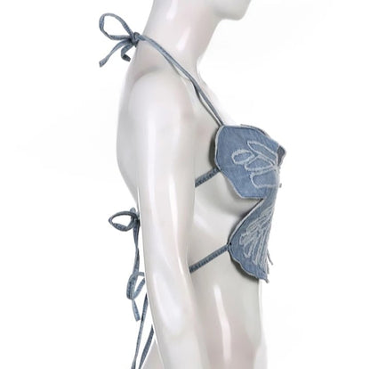 Cute Sexy Butterfly Denim Backless Crop Top Sleeveless Shirt Party Beach Summer Aesthetic Casual E-Girl Kawaii Korean Japanese Harajuku
