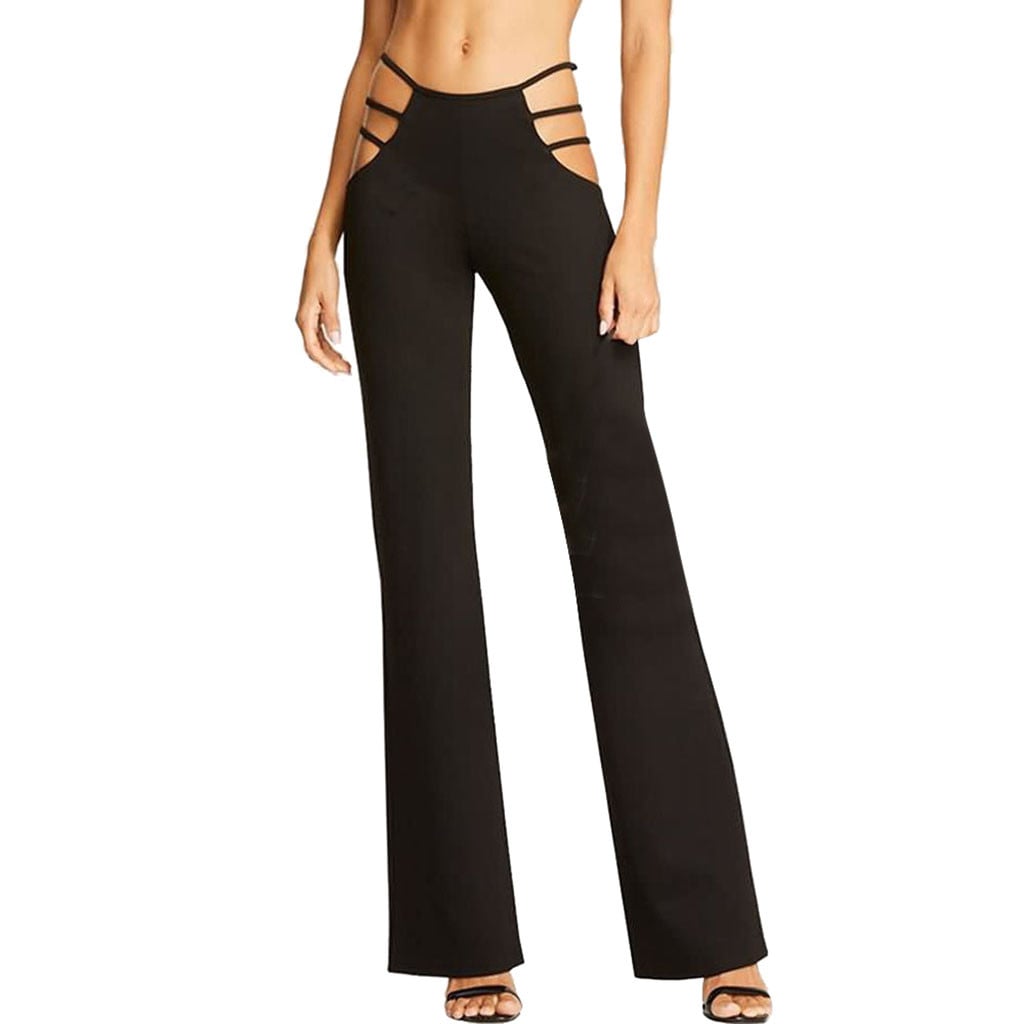 Cute Black Sexy Cut Out Pant Slim Sweat Hallow Out Flare Trousers Bell Bottoms E-Girl Kawaii Korean Japanese Harajuku Retro Streetwear