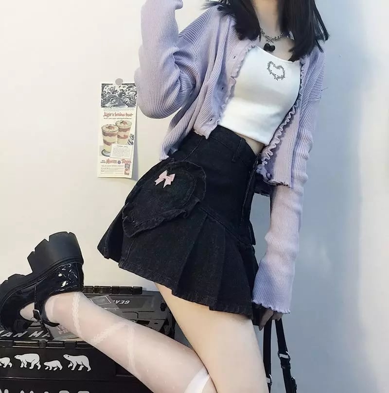 Cute Black Heart Bow Pocket Denim Mini Skirt High Waisted Pleated Aesthetic Goth Casual Summer E-Girl Kawaii Korean Japanese Harajuku