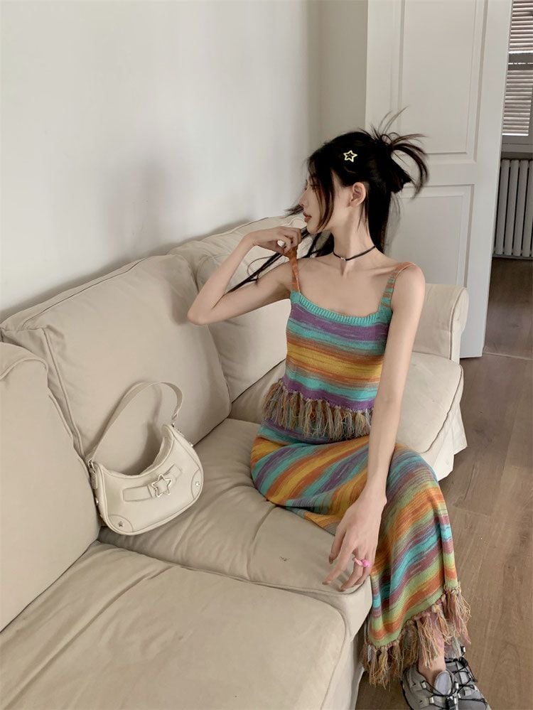 Rainbow Stripe Tassel Tank Top + Maxi Skirt