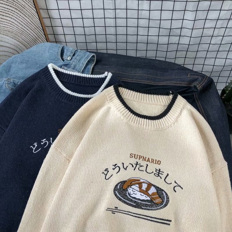 Cute Sushi Fish Knit Soft Long Sleeve Hoodie Oversized Loose Sweater Sweatshirt Pullover Jumper E-Girl Kawaii Korean Japanese Harajuku Streetwear