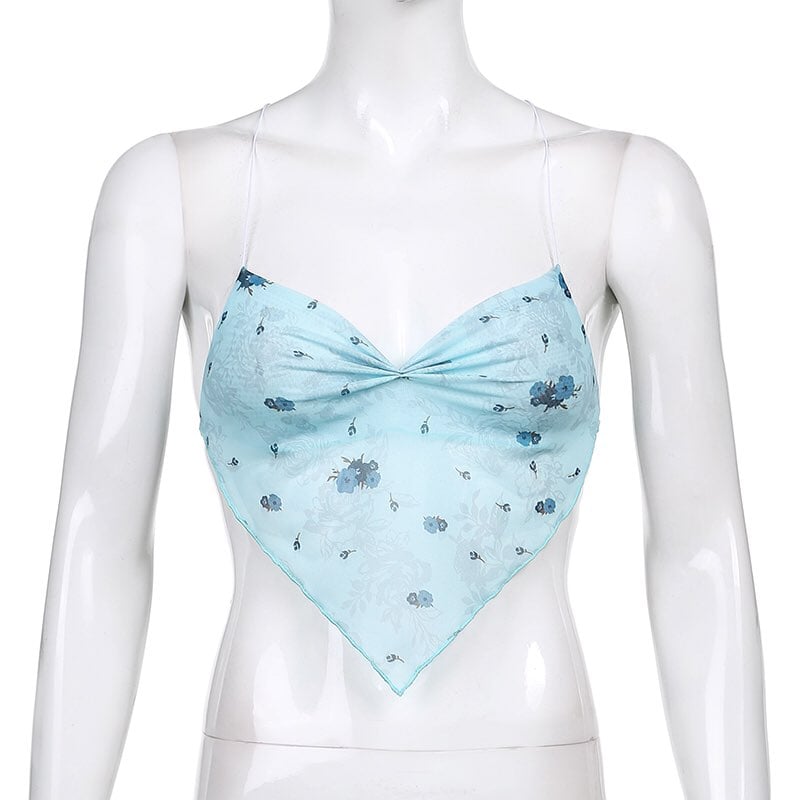 Cute Pink Blue Flower Print Mesh Halter Crop Top Blouse Sleeveless Shirt Club Party Summer Casual E-Girl Kawaii Korean Japanese Harajuku Streetwear