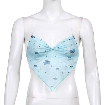 Cute Pink Blue Flower Print Mesh Halter Crop Top Blouse Sleeveless Shirt Club Party Summer Casual E-Girl Kawaii Korean Japanese Harajuku Streetwear