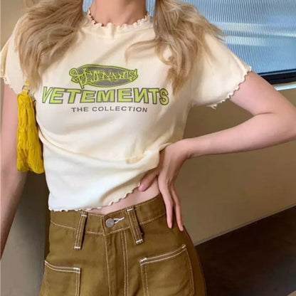 Cute Vintage Ruffle Off White Letter Print Short Sleeve Shirt Aesthetic Casual Summer E-Girl Kawaii Korean Japanese Harajuku