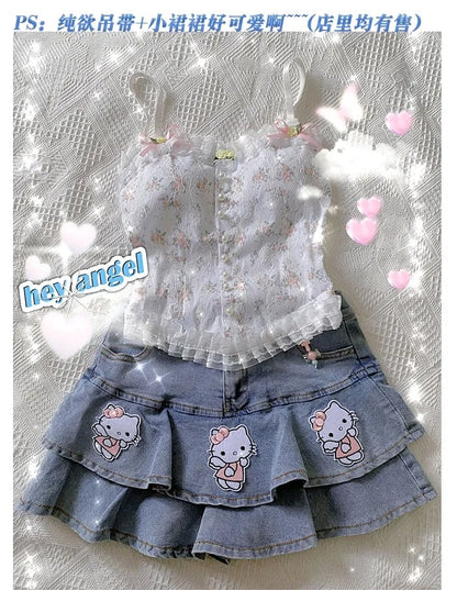 Cat Print Double A-Line Mini Skirt
