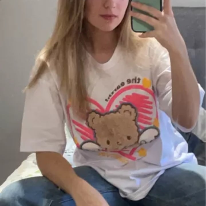 Cute Plush Bear Angel Love Heart Print Sleeveless Short Sleeve Shirt Top Aesthetic Casual E-Girl Kawaii Korean Japanese Harajuku
