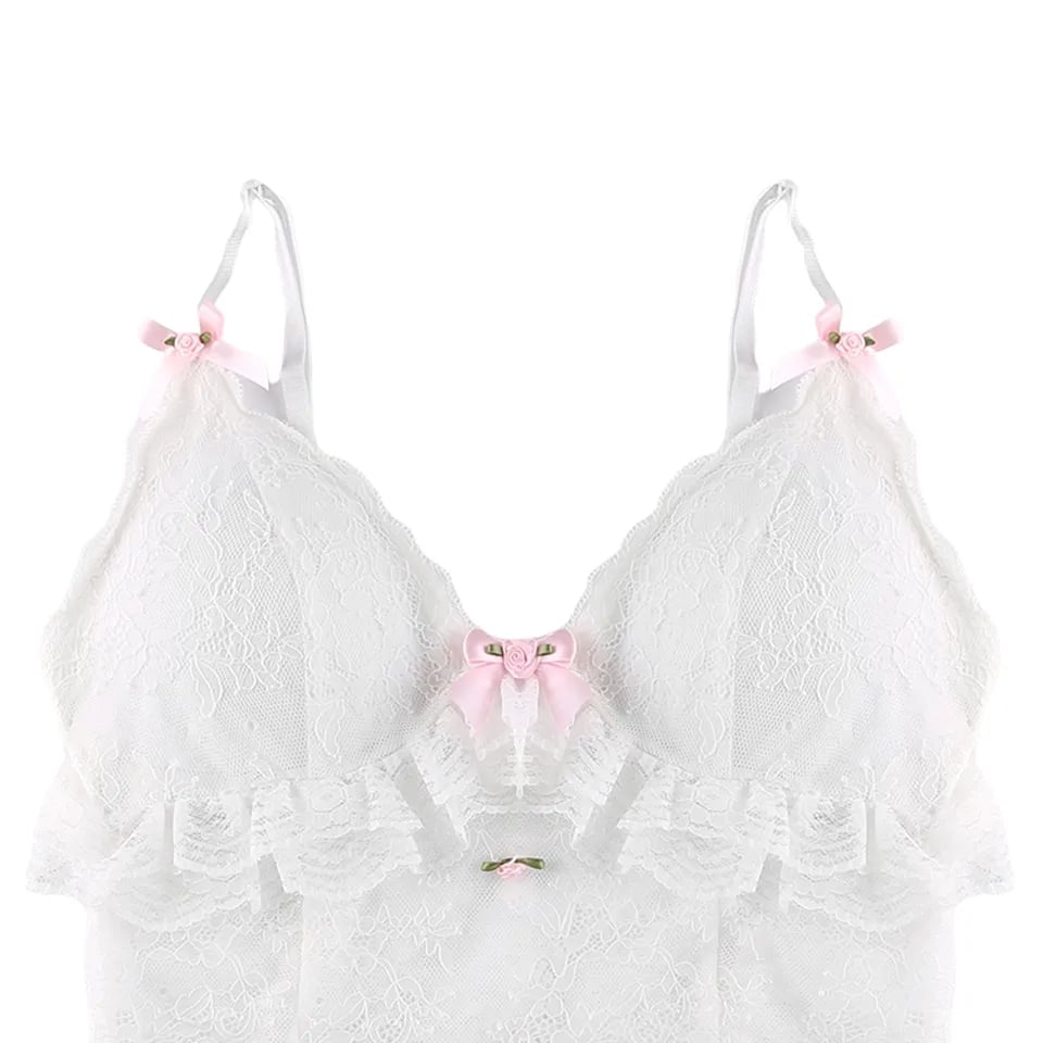 White Lace Bow Sheer Corset Top