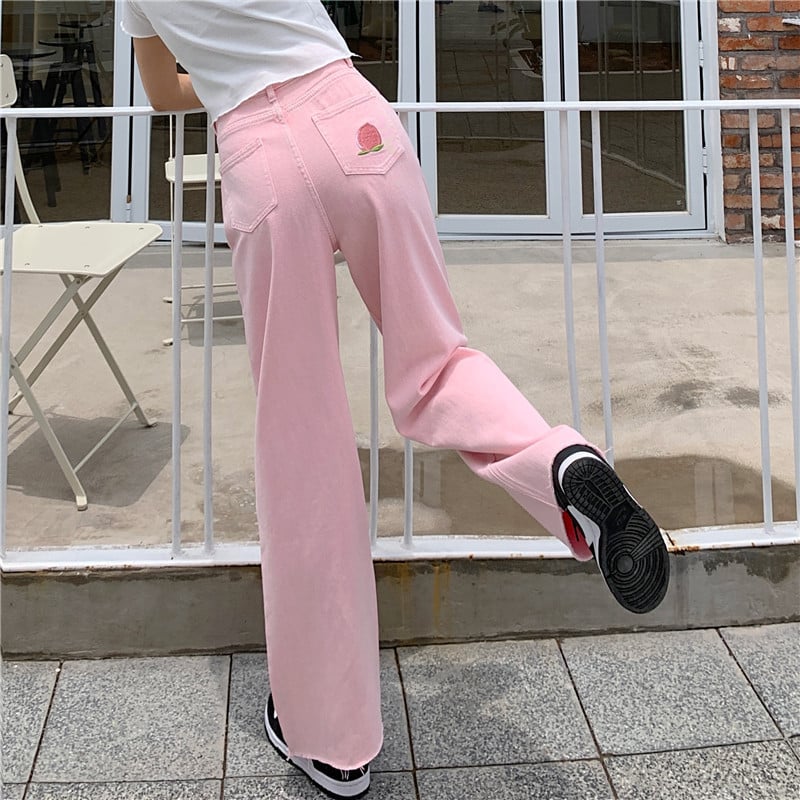 Pink Peach Embroidery Denim Pants