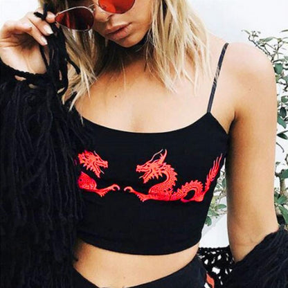 Cute Sexy Casual Dragon Sleeveless Tank Crop Top Shirt Tee T-shirt E-Girl Kawaii Korean Japanese Harajuku Chinese Retro Streetwear Aesthetic