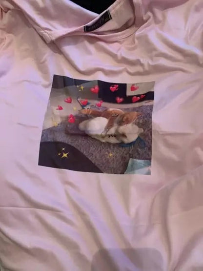 Cute Pink Funny Cat Kitten Meme Cartoon Print Loose Short Sleeve Short T-shirt Tee Top Summer Casual E-Girl Kawaii Korean Japanese Harajuku Streetwear