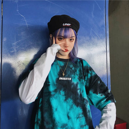 Cute Tie Dyed Hip Hop Casual Punk Goth Loose Oversized Short Sleeve Shirt Tee T-shirt E-Girl Kawaii Korean Japanese Harajuku Chinese Retro Streetwear