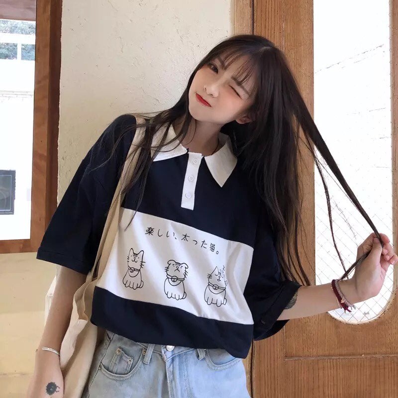 Cute Cat Dog Animal Print College Loose Baggy Short Sleeve Shirt T-shirt Top Summer Casual E-Girl Kawaii Korean Japanese Harajuku Streetwear