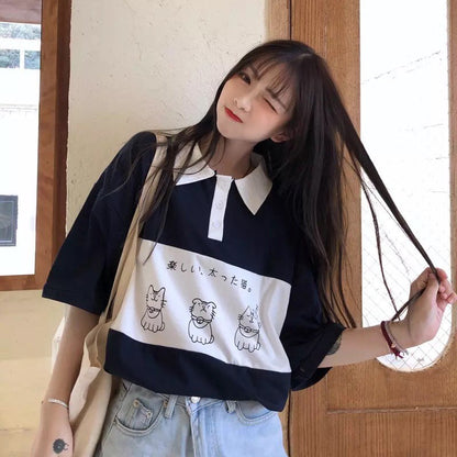 Cute Cat Dog Animal Print College Loose Baggy Short Sleeve Shirt T-shirt Top Summer Casual E-Girl Kawaii Korean Japanese Harajuku Streetwear