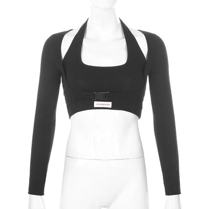 Cute Sexy 2pcs Set Black Halter Crop Top Tank Buckle Long Sleeve T-shirt Tracksuit Summer Aesthetic Casual E-Girl Kawaii Korean Japanese Harajuku