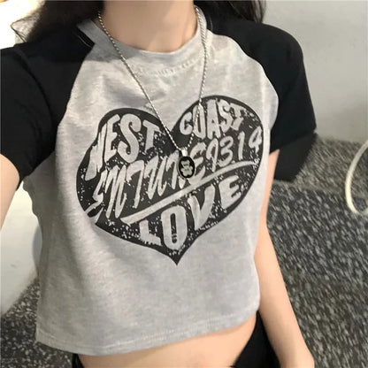 Heart Patchwork Short Sleeve Crop Top