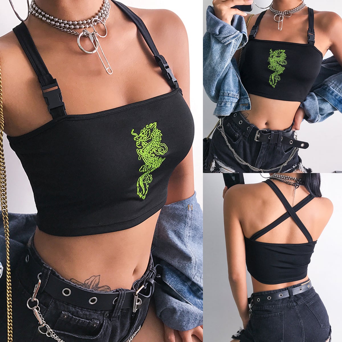 Cute Sexy Dragon Buckle Vest Tube Crop Top Cami Tank Shirt Tee T-shirt E-Girl Kawaii Korean Japanese Harajuku Chinese Retro Streetwear Aesthetic