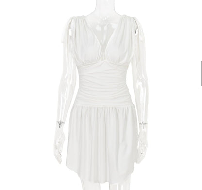 Irregular Tie Up Ruched V Neck Dress