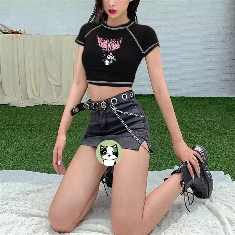 Black Japanese Anime Cartoon Print Crop Top Short Sleeve Shirt T-shirt