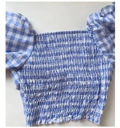 Cute Sexy Blue Plaid Print Bow Ribbon Collar Puff Short Sleeve Shirt Blouse Aesthetic Casual Summer E-Girl Kawaii Korean Japanese Harajuku