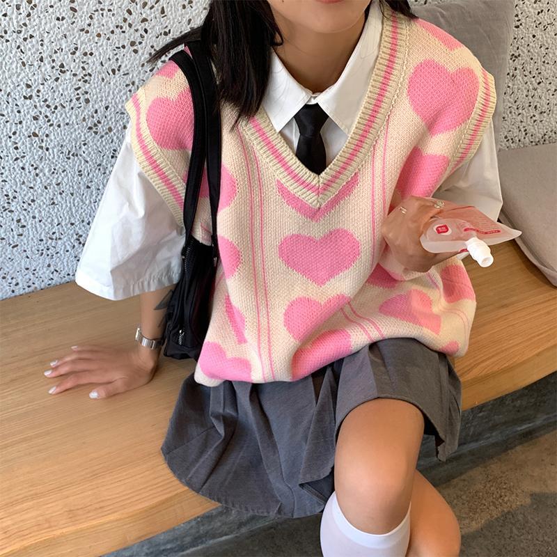 Heart Knit V Neck Loose Sweater Vest