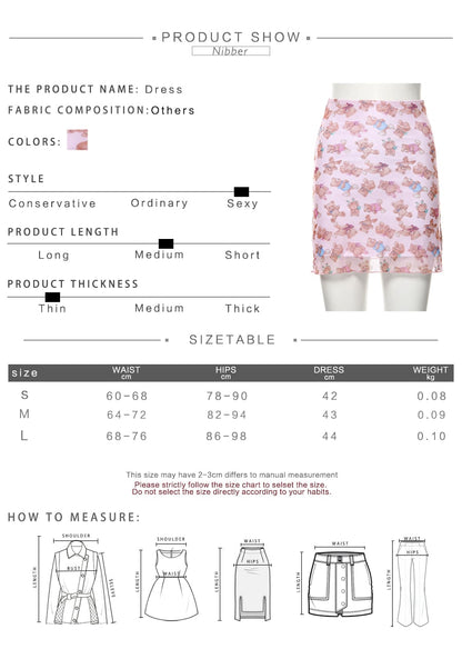 Cute Pink Bear Cartoon 90s Vintage Print Mesh Sheer Mini Skirt Bottom E-Girl Kawaii Korean Japanese Harajuku Retro Streetwear Fashion