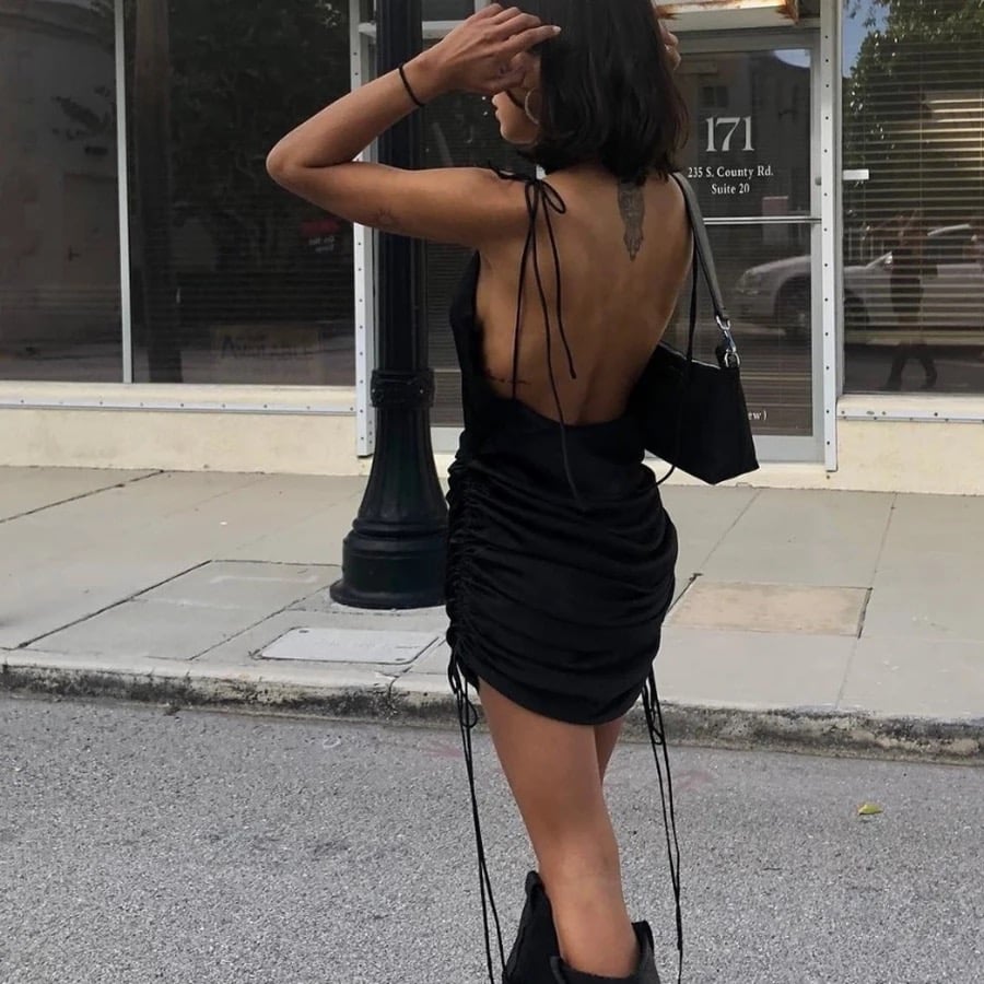 Cute Sexy Black Spaghetti Strap Backless Bodycon Dress Party Kawaii Korean Japanese Harajuku Chinese Retro Streetwear Aesthetic Fashion