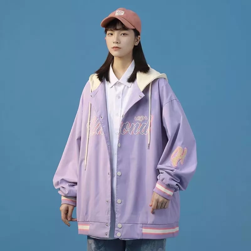 Vintage Pastel Letter Embroidery Oversized Baseball Jacket