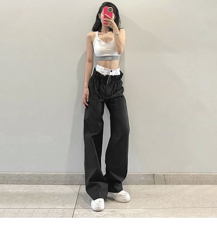 Patchwork High Waist Wide Leg Cargo Pants