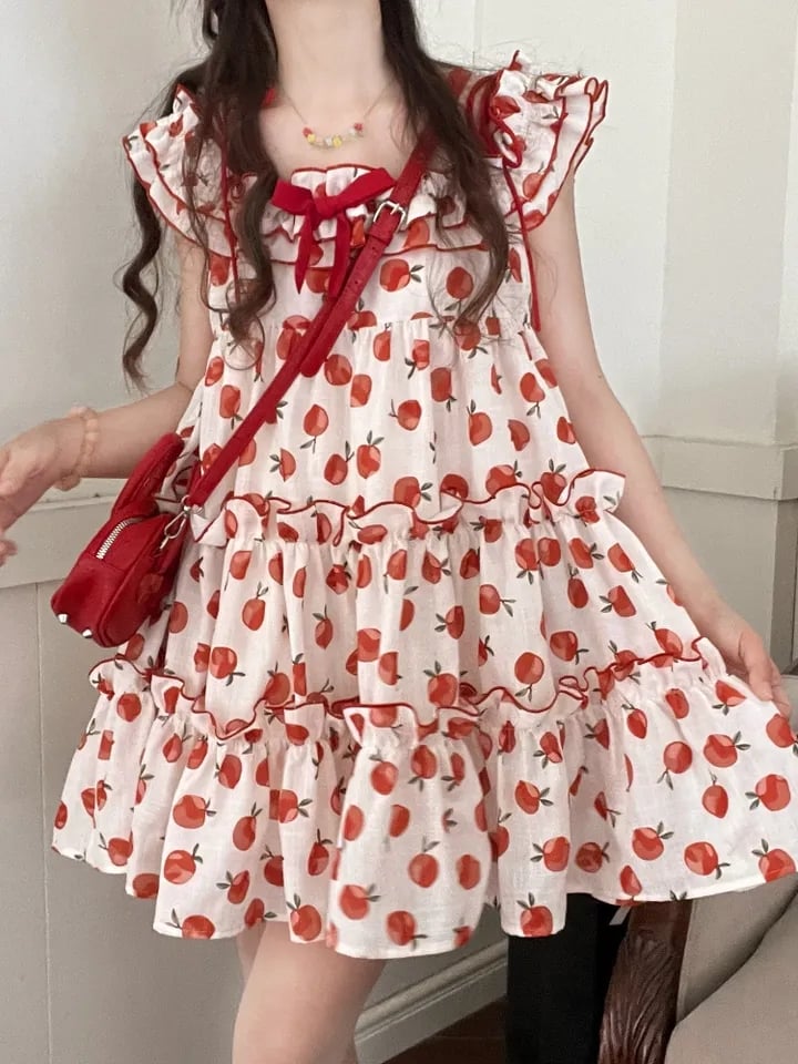 Apple Print Ruffle Mini Dress