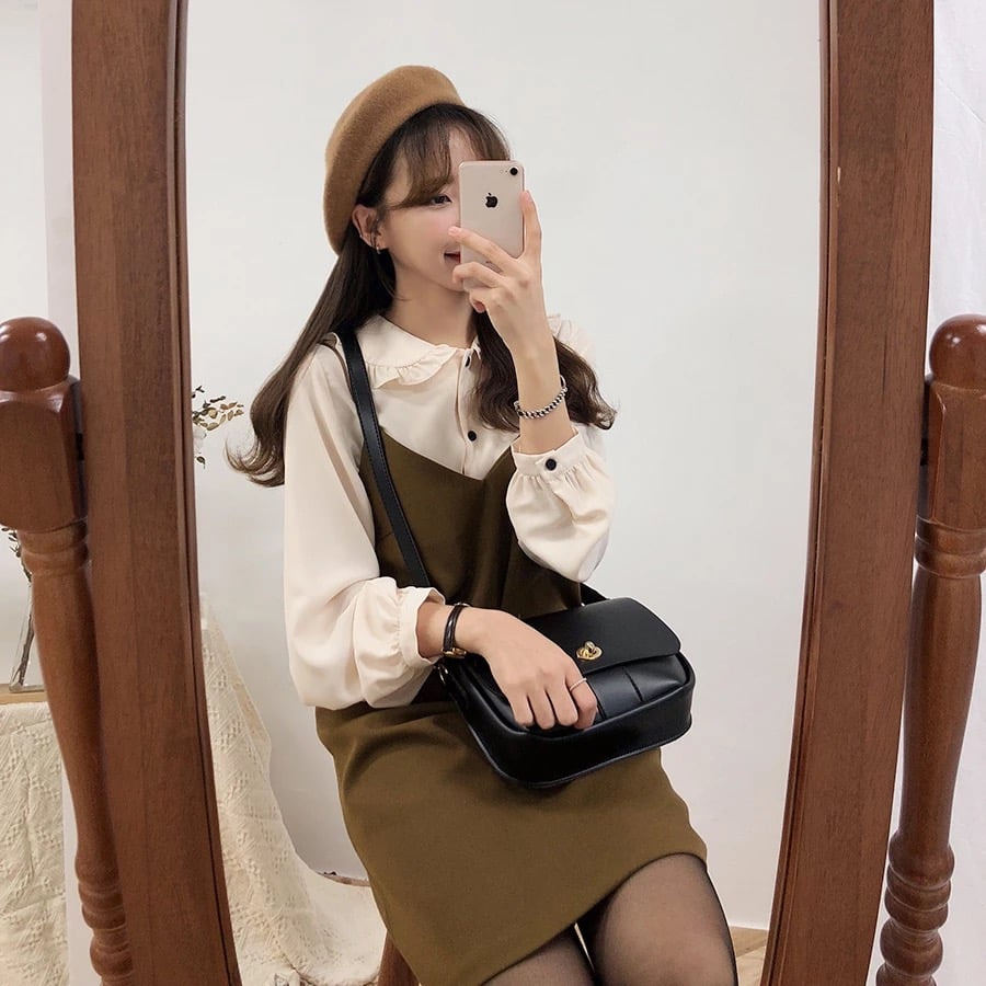 Cute 2pcs Summer Preppy White Ruffle Peterpam Collar Black Vintage V Dress E-Girl Kawaii Korean Japanese Harajuku Retro Streetwear