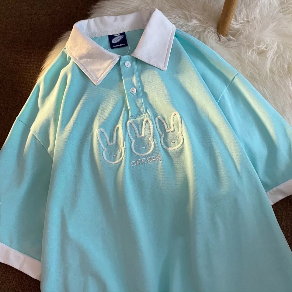 Cute Pastel Bunny Rabbit Embroidery Polo Short Sleeve T- Shirt Top Aesthetic Casual Summer E-Girl Kawaii Korean Japanese Harajuku